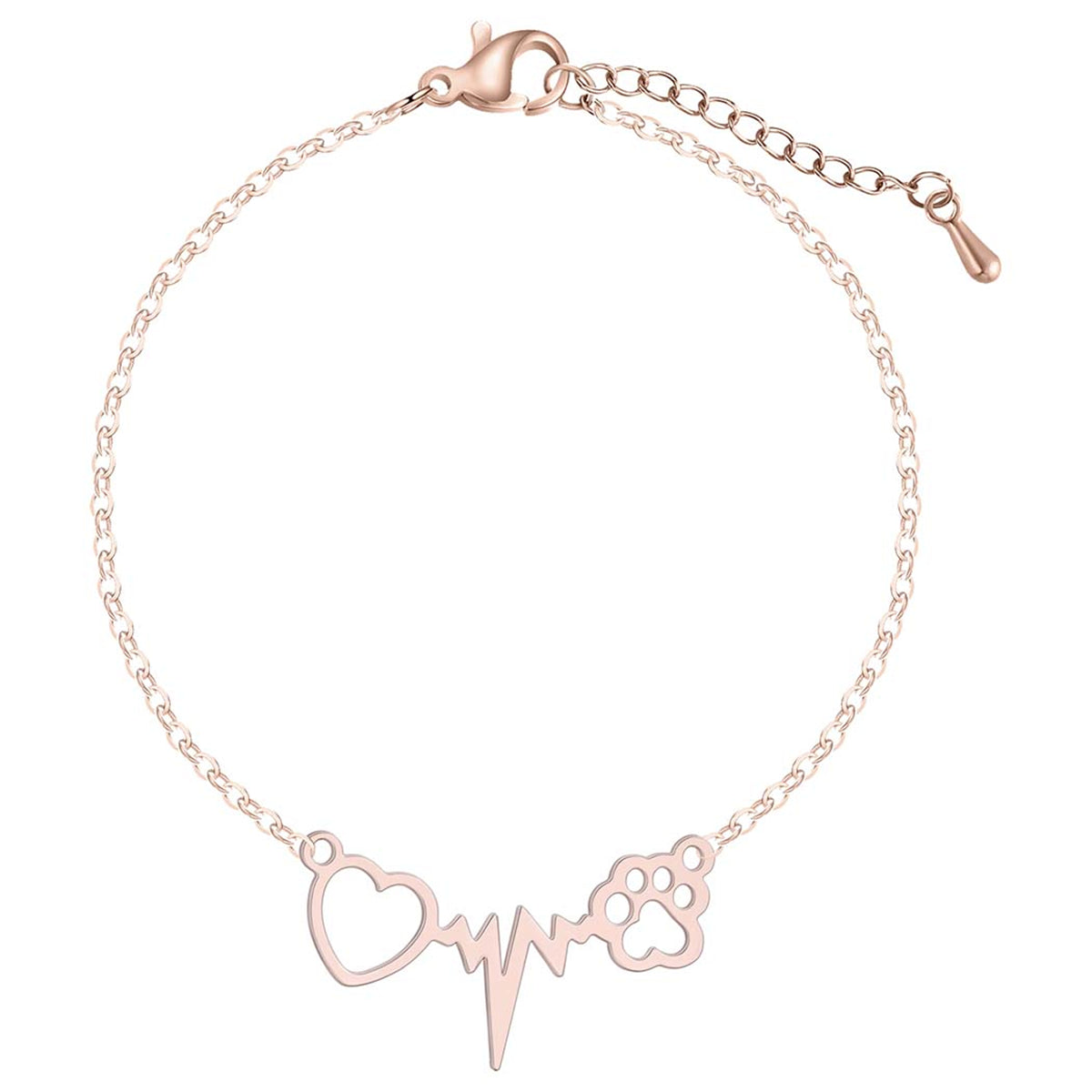 18K Rose Gold-Plated Heart Paw Charm Bracelet, rose gold bracelet for women, dainty minimalist design, front view