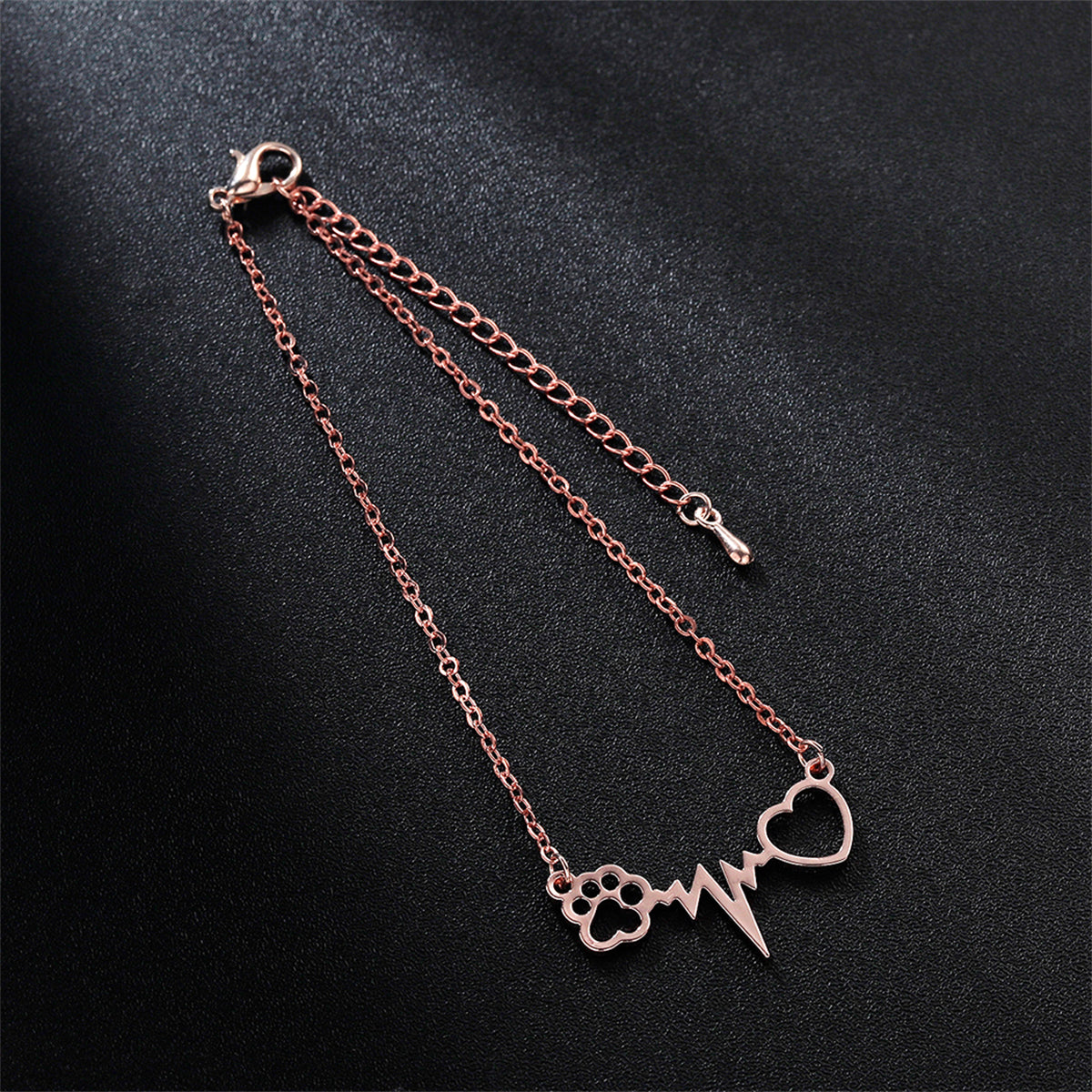18K Rose Gold-Plated Heart Paw Charm Bracelet, rose gold bracelet for women, dainty minimalist design, side view