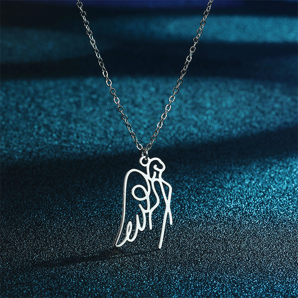 Silver-Plated Openwork Angel Pendant Necklace, silver pendant necklace for women, elegant gift for her, front view