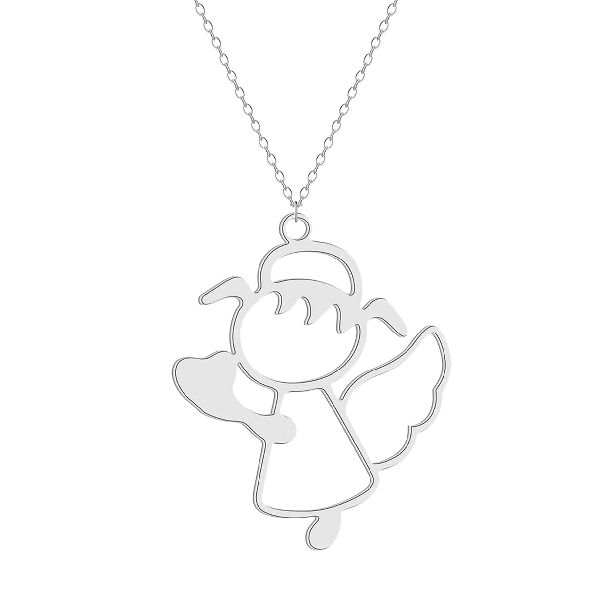 Silver-Plated Openwork Cute Angel Pendant Necklace, silver pendant necklace for women, everyday style, front view