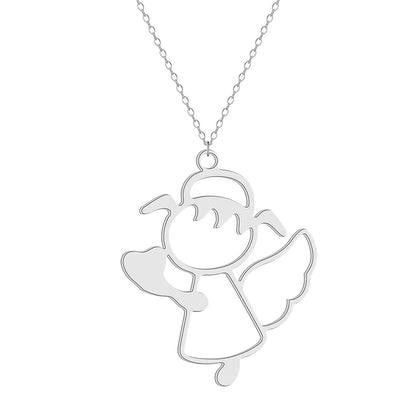 Silver-Plated Openwork Cute Angel Pendant Necklace, silver pendant necklace for women, everyday style, front view
