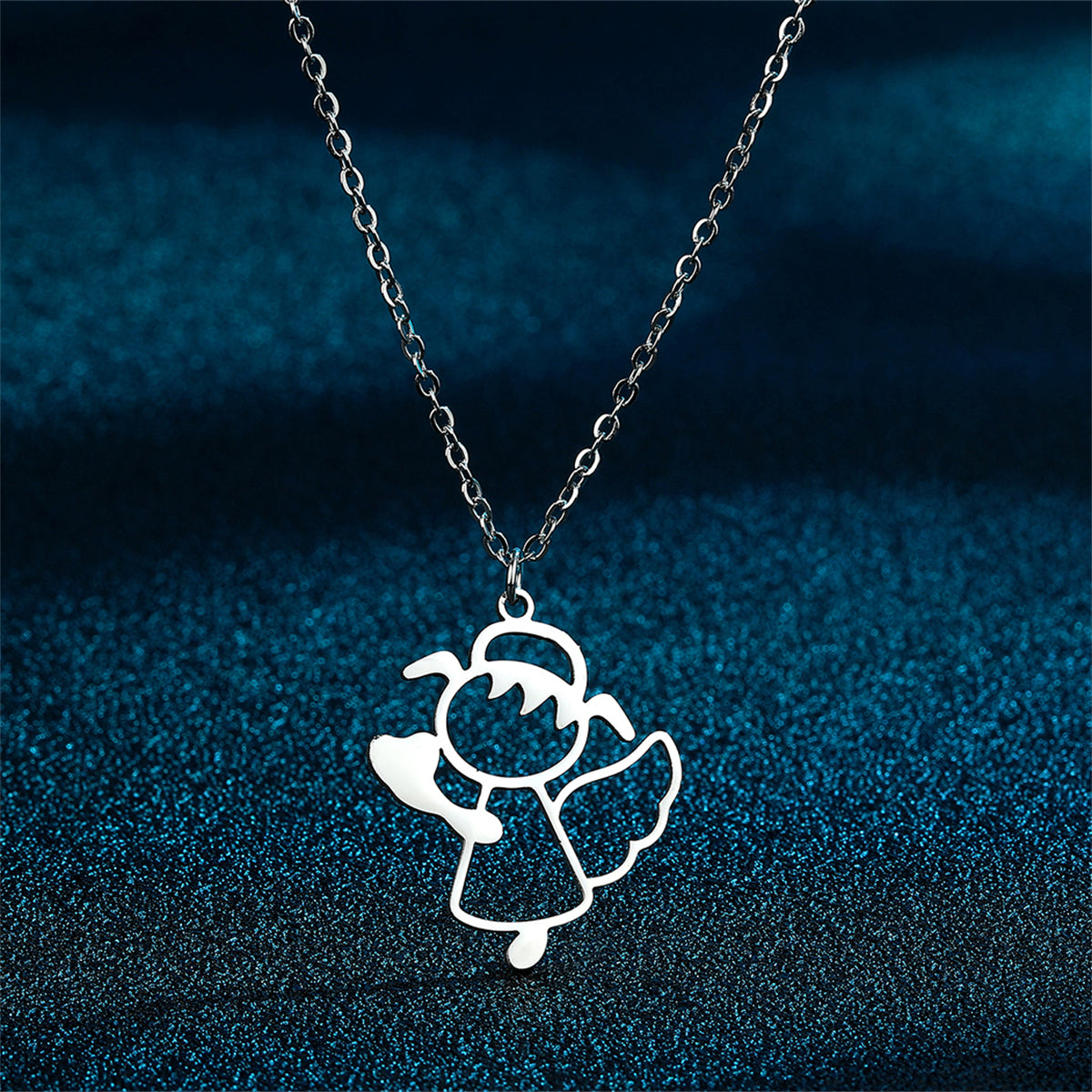 Silver-Plated Openwork Cute Angel Pendant Necklace, silver pendant necklace for women, everyday style, side view