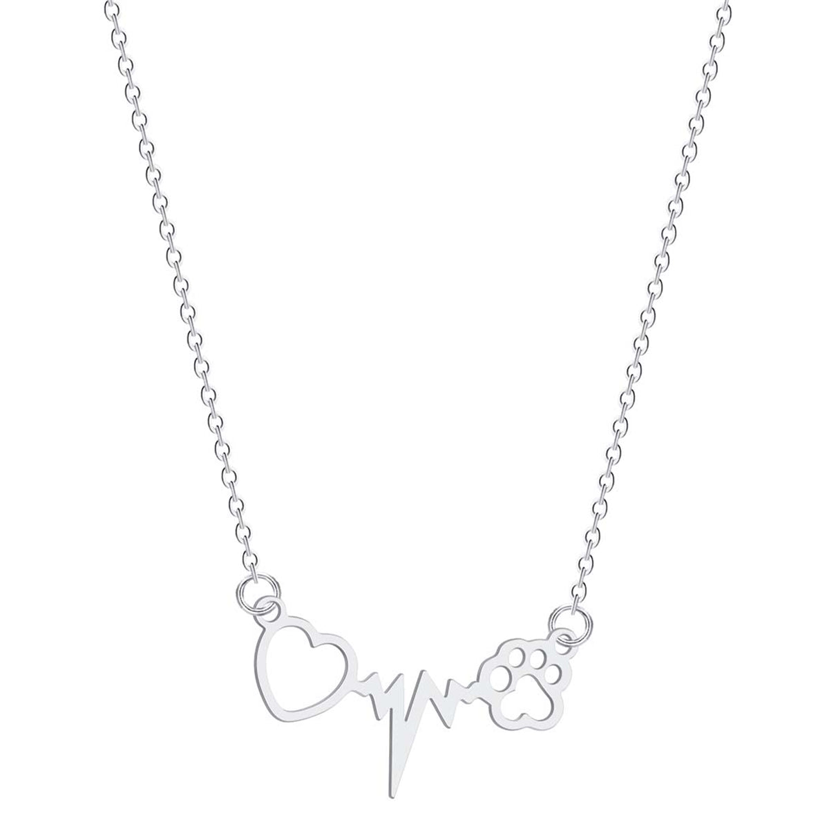 Silver-Plated Heartbeat Paw Pendant Necklace, silver pendant necklace for women, elegant gift for her, front view