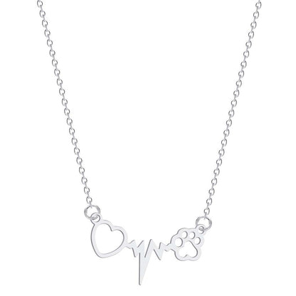 Silver-Plated Heartbeat Paw Pendant Necklace, silver pendant necklace for women, elegant gift for her, front view