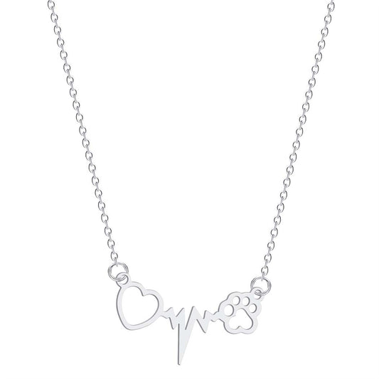 Silver-Plated Heartbeat Paw Pendant Necklace, silver pendant necklace for women, elegant gift for her, front view