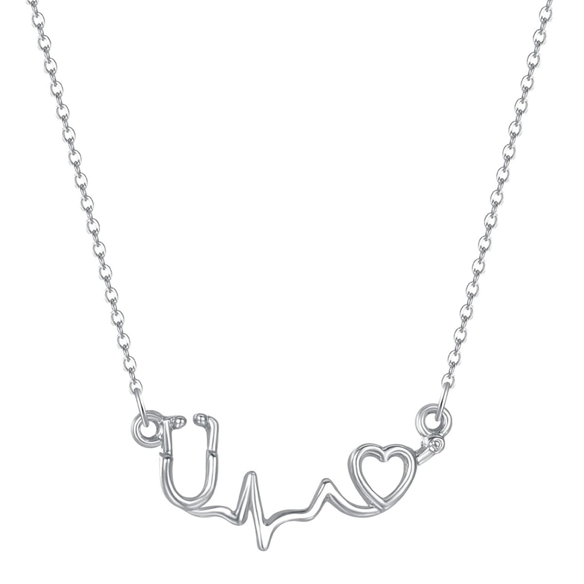 Silver-Plated Stethoscope Pendant Necklace, silver pendant necklace for women, vintage-inspired design, front view