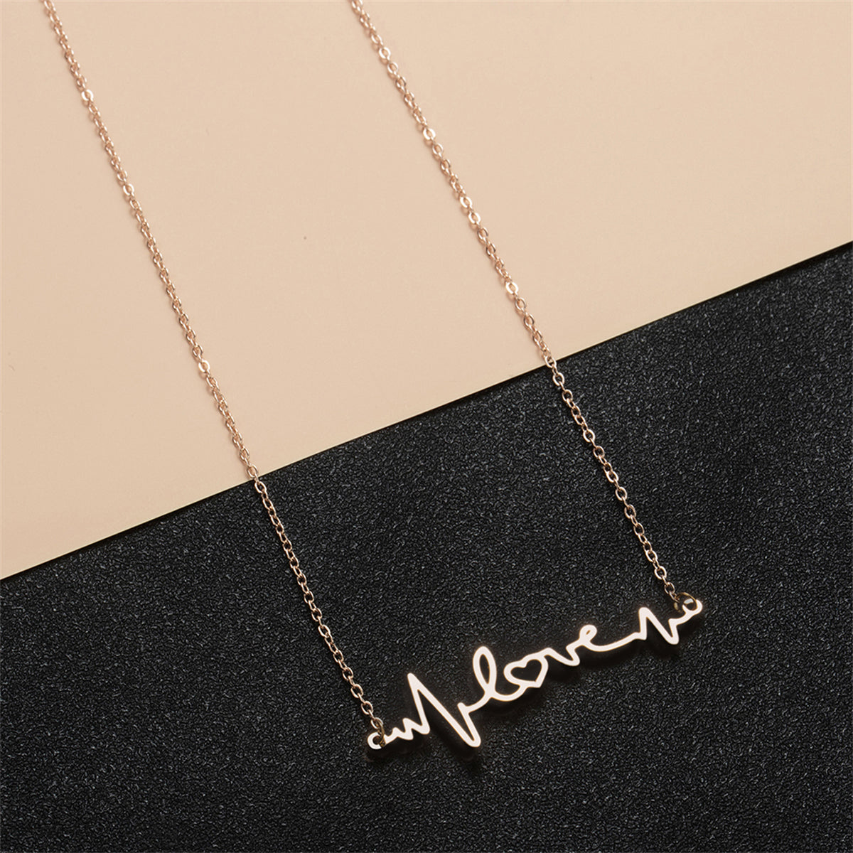 18K Rose Gold-Plated Heartbeat Pendant Necklace, rose gold pendant necklace for women, vintage-inspired design, front view