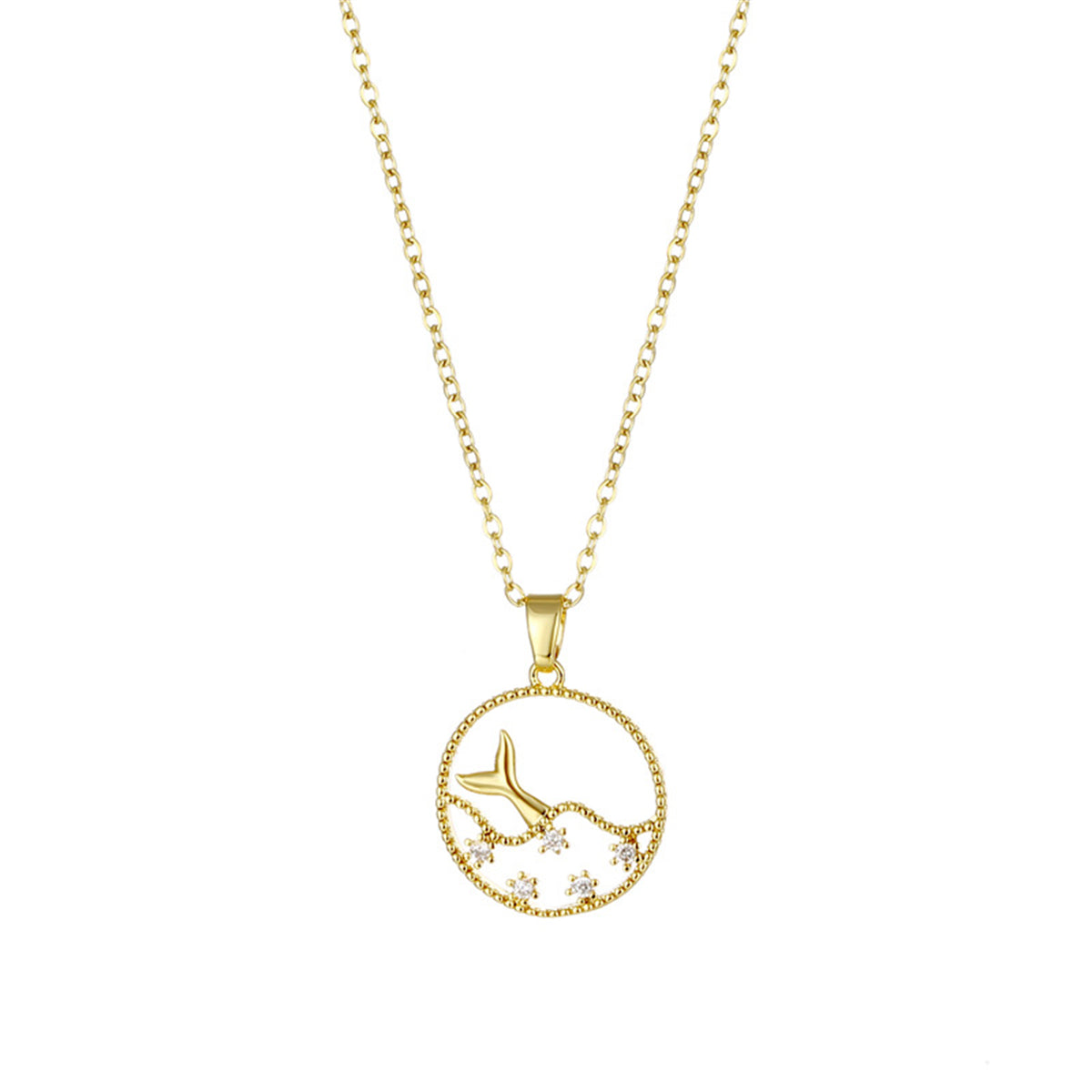 Cubic Zirconia & 18K Gold-Plated Fishtail Round Pendant Necklace