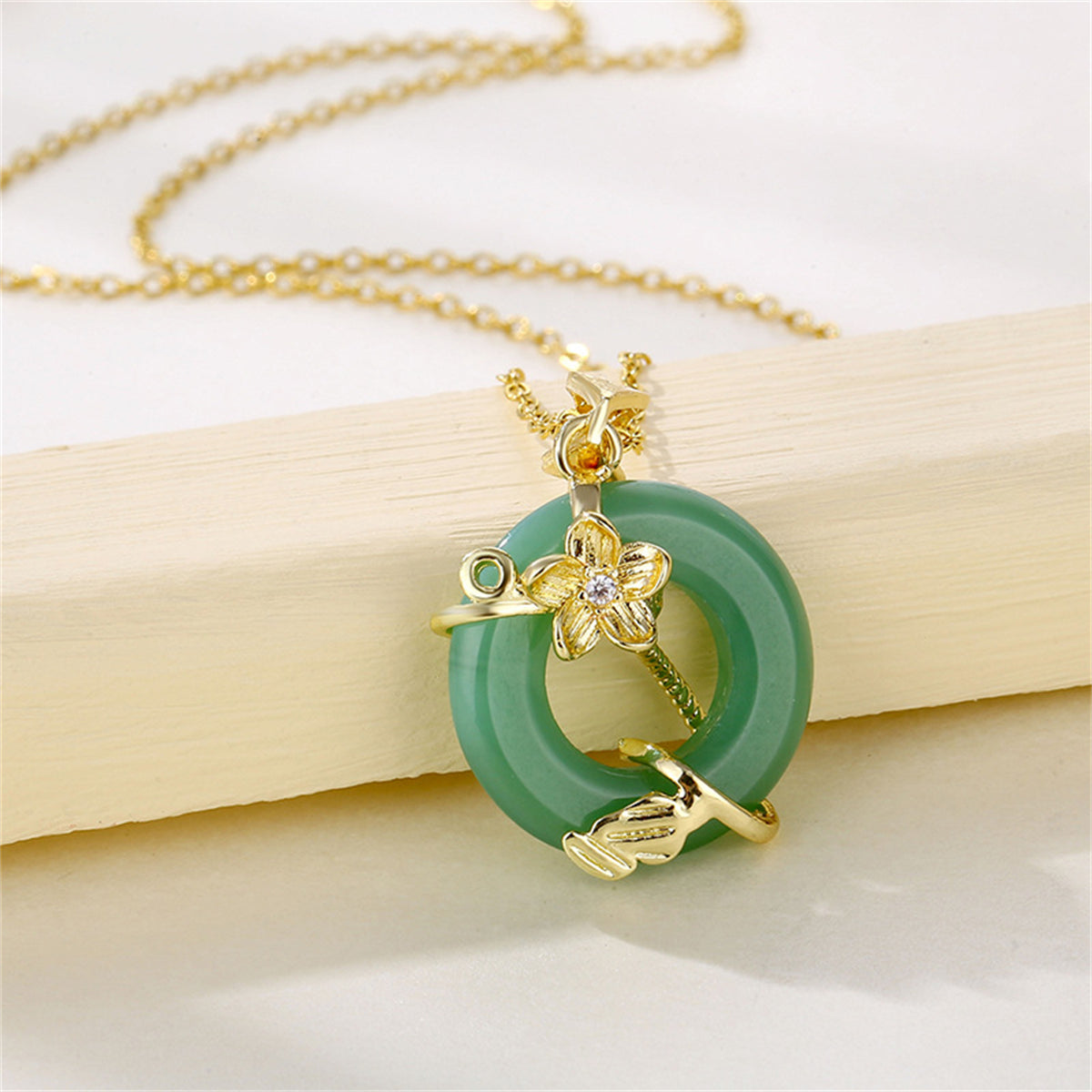 Green Jade & Cubic Zirconia Flower Pendant Necklace