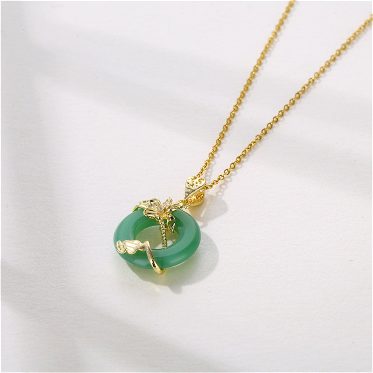 Green Jade & Cubic Zirconia Flower Pendant Necklace
