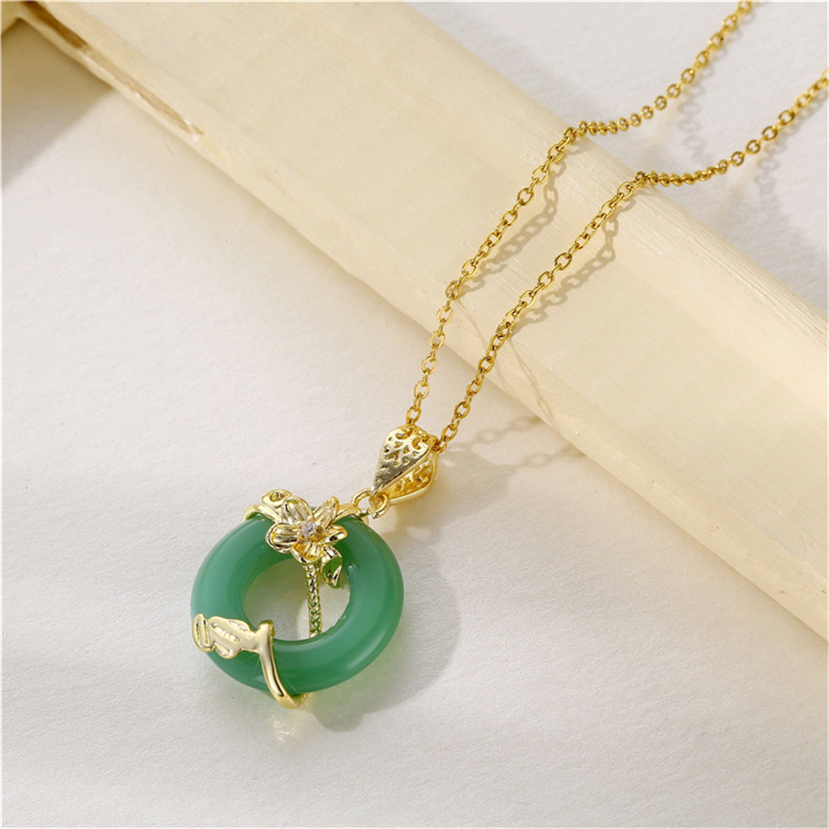 Green Jade & Cubic Zirconia Flower Pendant Necklace