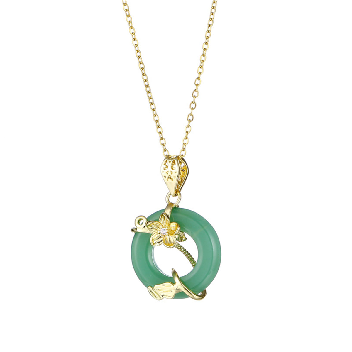 Green Jade & Cubic Zirconia Flower Pendant Necklace
