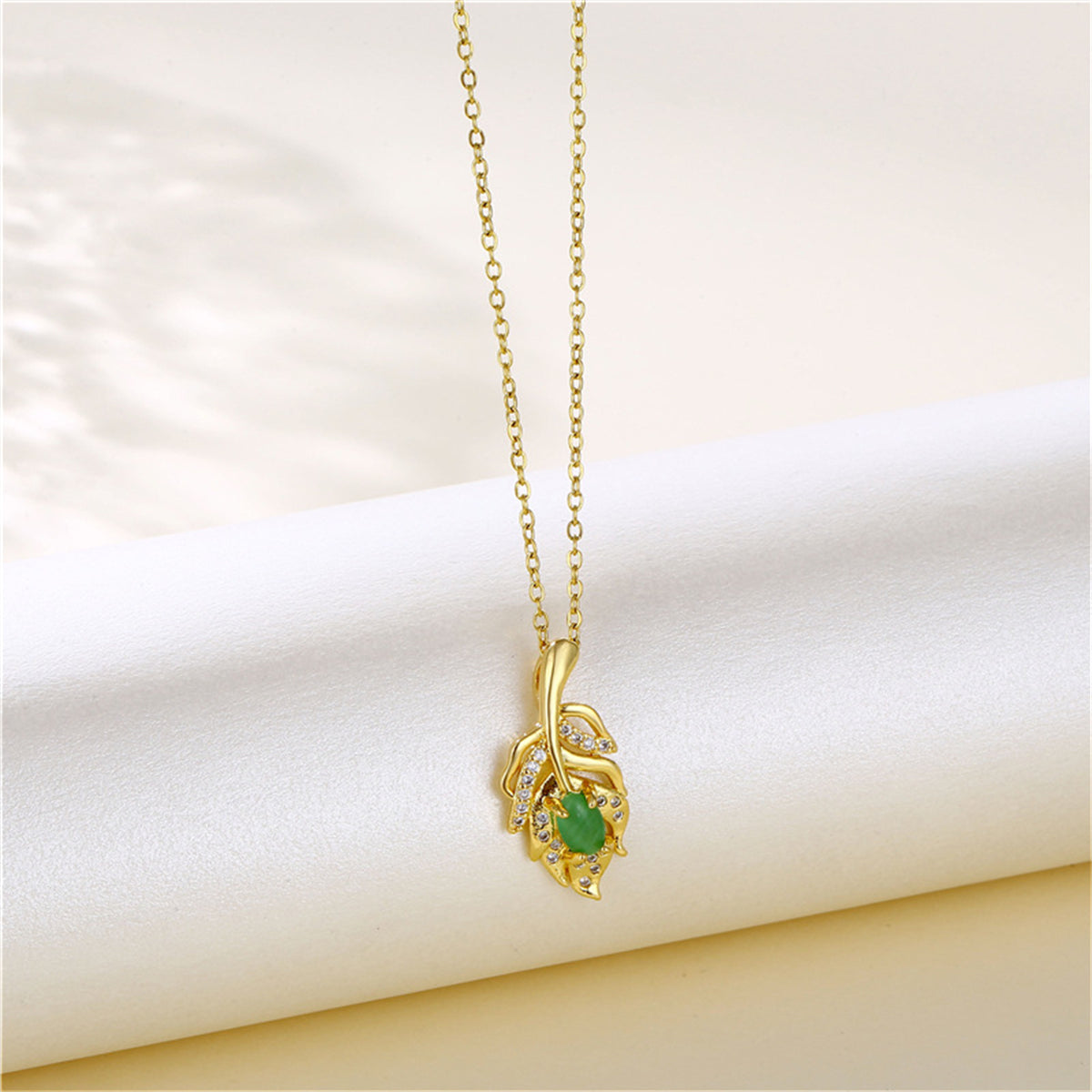 Green Jade & Cubic Zirconia Leaf Pendant Necklace