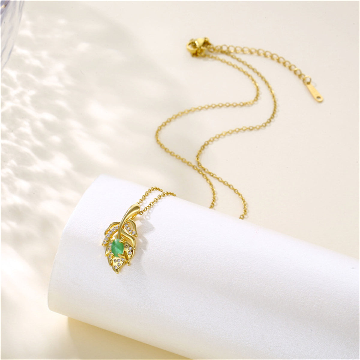 Green Jade & Cubic Zirconia Leaf Pendant Necklace