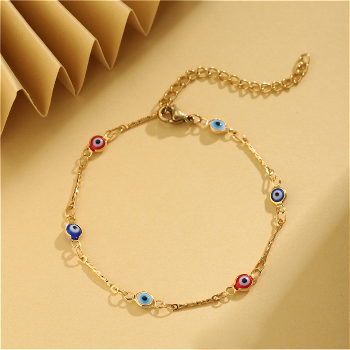 Navy Multicolor Acrylic and 18K Gold-Plated Eye Station Bracelet, gold bracelet for women, everyday style, front view