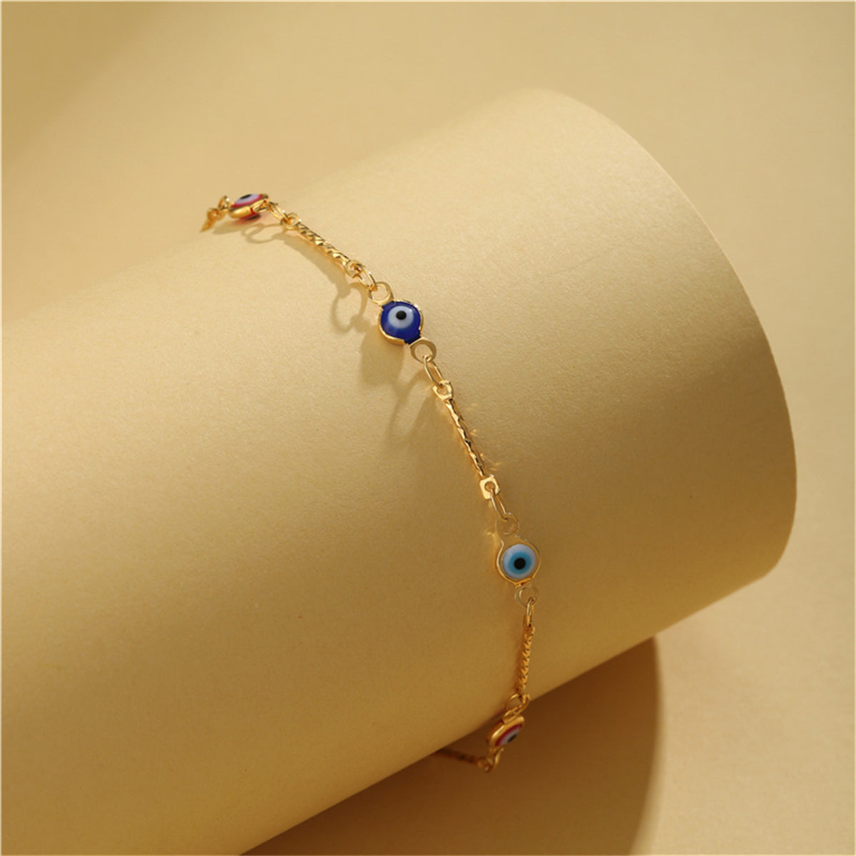 Navy Multicolor Acrylic and 18K Gold-Plated Eye Station Bracelet, gold bracelet for women, everyday style, side view