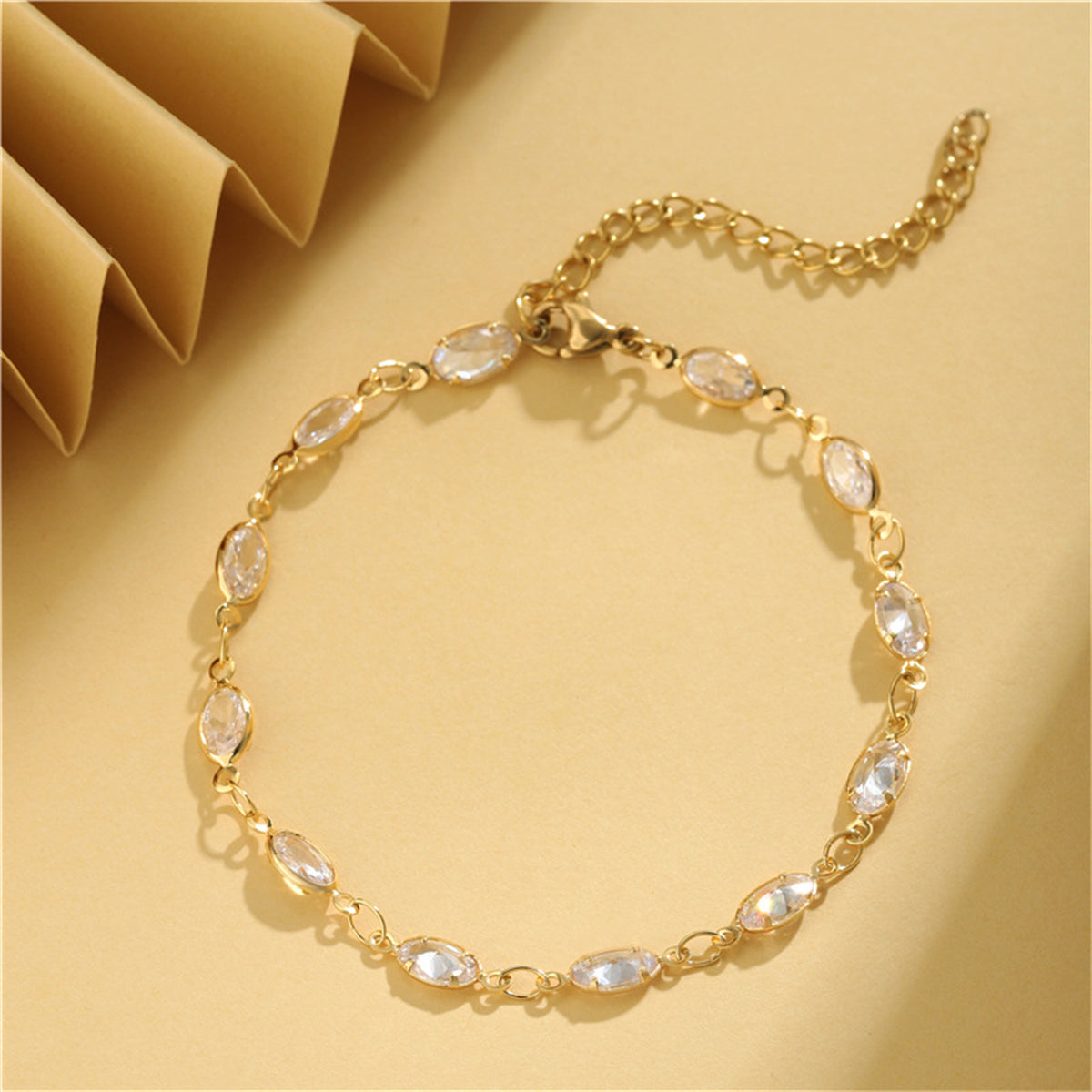 Crystal and 18K Gold-Plated Oval Station Bracelet, gold bracelet for women, botanical inspired, front view