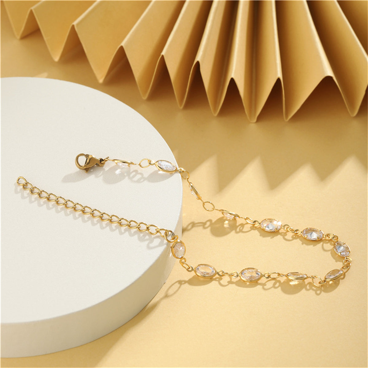 Crystal and 18K Gold-Plated Oval Station Bracelet, gold bracelet for women, botanical inspired, side view