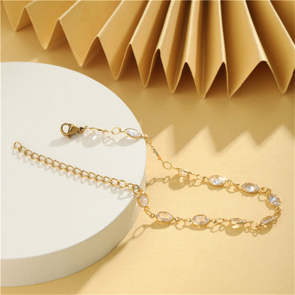 Crystal and 18K Gold-Plated Oval Station Bracelet, gold bracelet for women, botanical inspired, side view