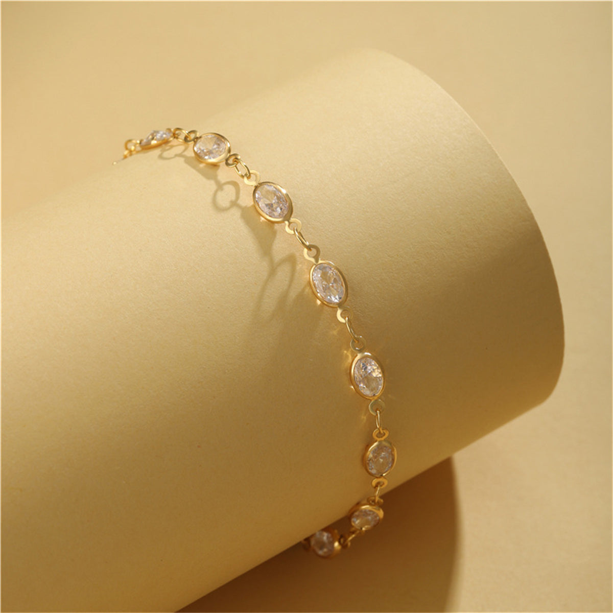 Crystal and 18K Gold-Plated Oval Station Bracelet, gold bracelet for women, botanical inspired, detail close-up