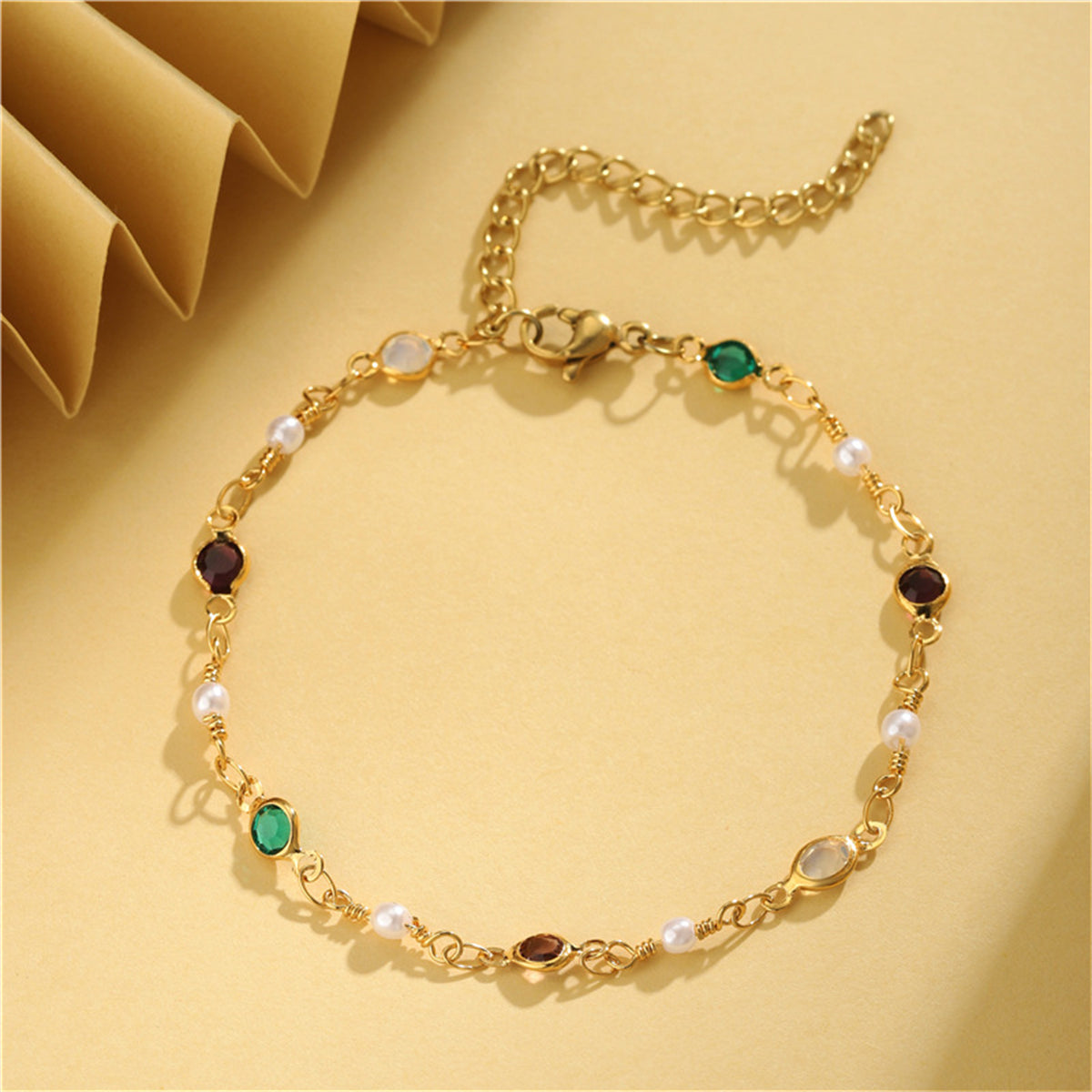 Green Crystal and Pearl 18K Gold-Plated Adjustable Bracelet, gold bracelet for women, botanical inspired, front view