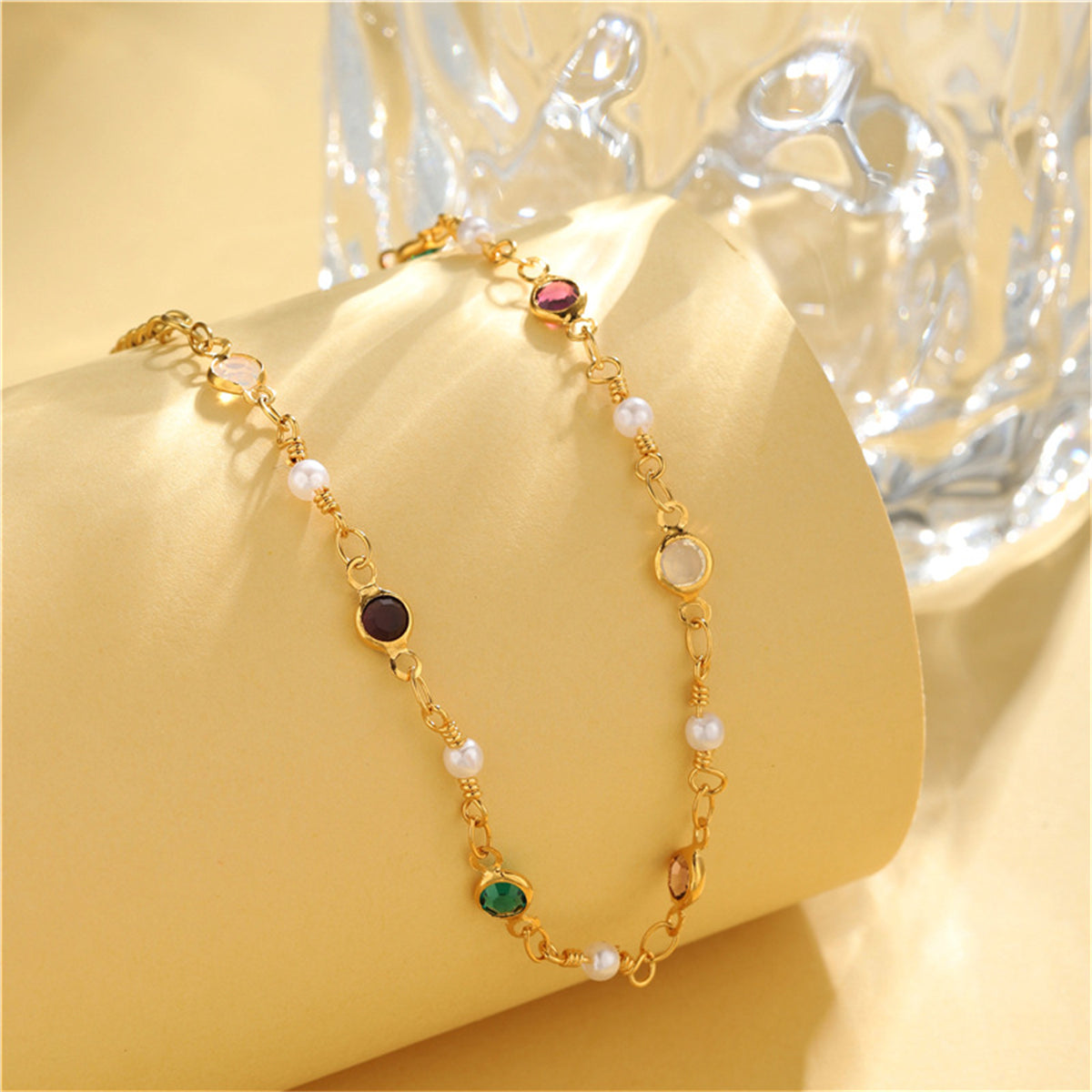 Green Crystal and Pearl 18K Gold-Plated Adjustable Bracelet, gold bracelet for women, botanical inspired, lifestyle look