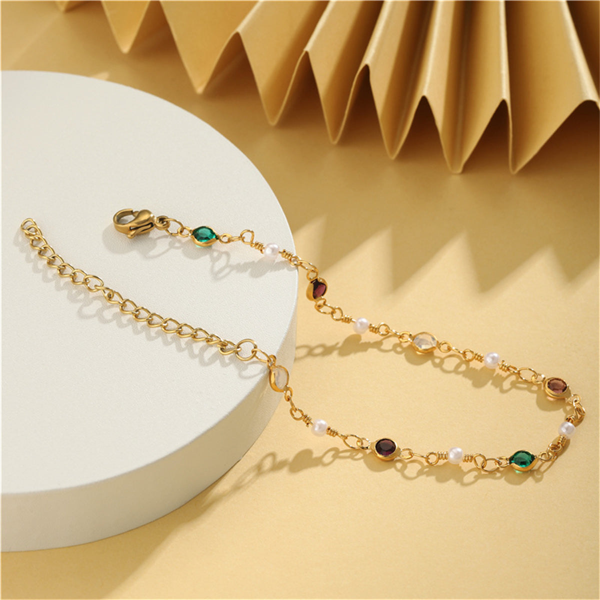 Green Crystal and Pearl 18K Gold-Plated Adjustable Bracelet, gold bracelet for women, botanical inspired, side view