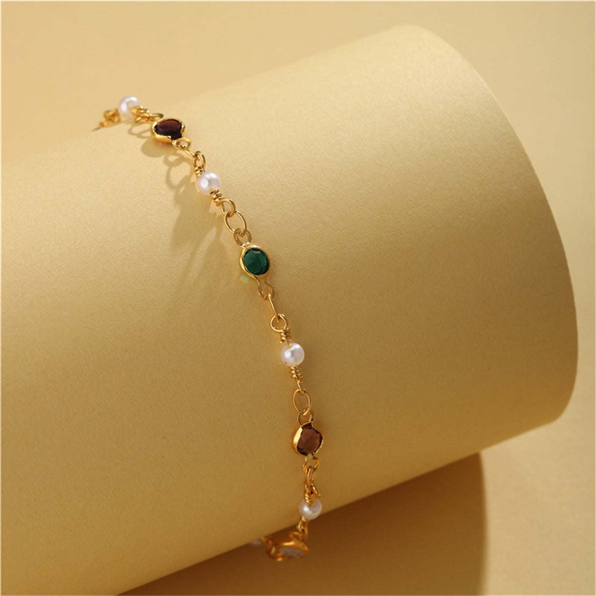 Green Crystal and Pearl 18K Gold-Plated Adjustable Bracelet, gold bracelet for women, botanical inspired, detail close-up