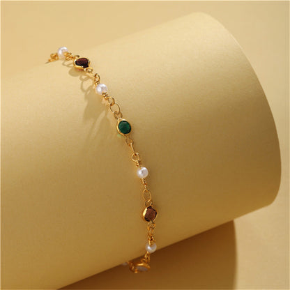 Green Crystal and Pearl 18K Gold-Plated Adjustable Bracelet, gold bracelet for women, botanical inspired, detail close-up