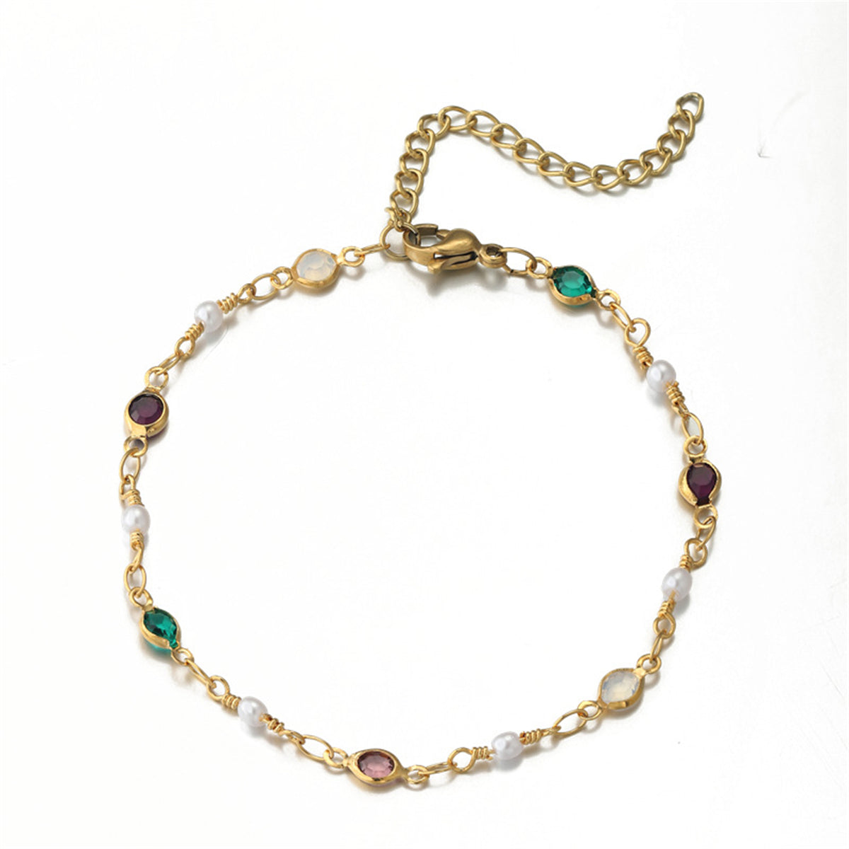 Green Crystal and Pearl 18K Gold-Plated Adjustable Bracelet, gold bracelet for women, botanical inspired, styled look