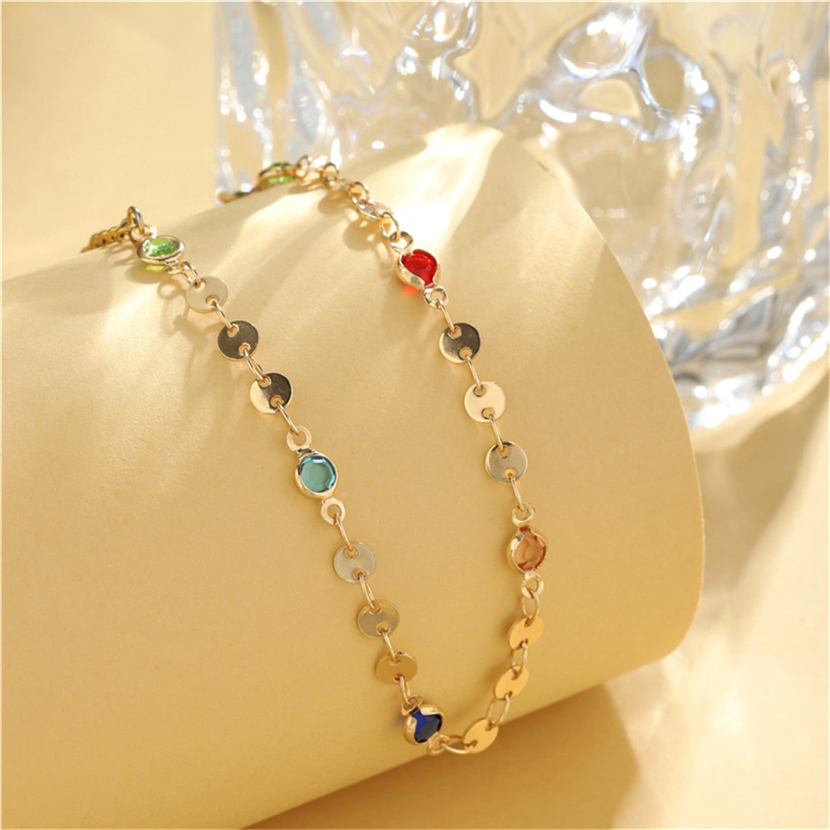Colored Crystal and 18K Gold-Plated Chain Bracelet, gold bracelet for women, elegant gift for her, lifestyle look