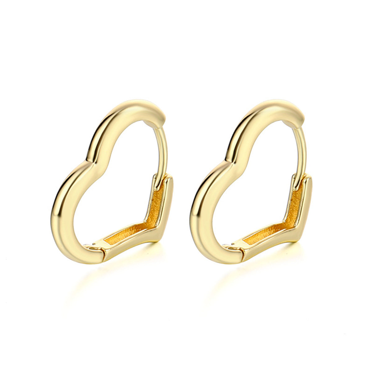 18K Gold-Plated Open Heart Huggie Earrings, gold huggie earrings, vintage-inspired design, front view