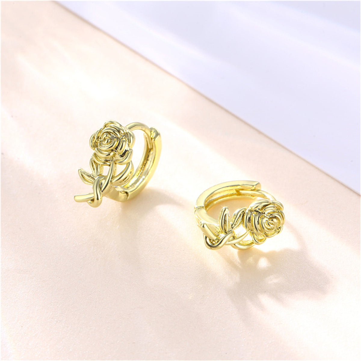 18K Gold-Plated Rose Huggie Earrings, gold huggie earrings, dainty minimalist design, front view