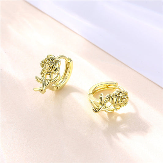 18K Gold-Plated Rose Huggie Earrings, gold huggie earrings, dainty minimalist design, front view