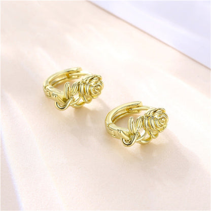 18K Gold-Plated Rose Huggie Earrings, gold huggie earrings, dainty minimalist design, lifestyle look