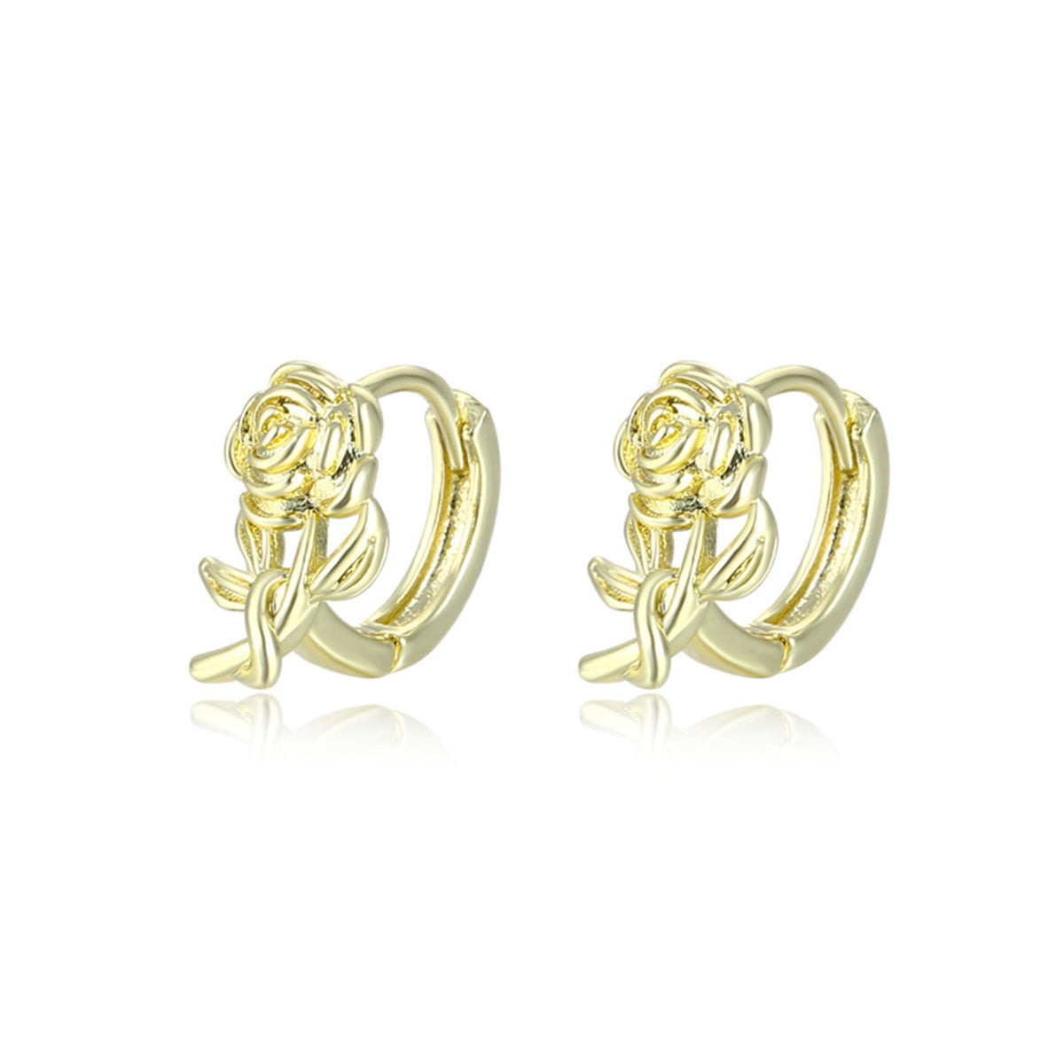 18K Gold-Plated Rose Huggie Earrings, gold huggie earrings, dainty minimalist design, styled look