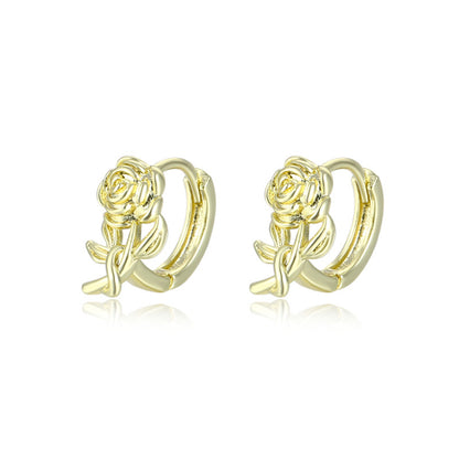 18K Gold-Plated Rose Huggie Earrings, gold huggie earrings, dainty minimalist design, styled look