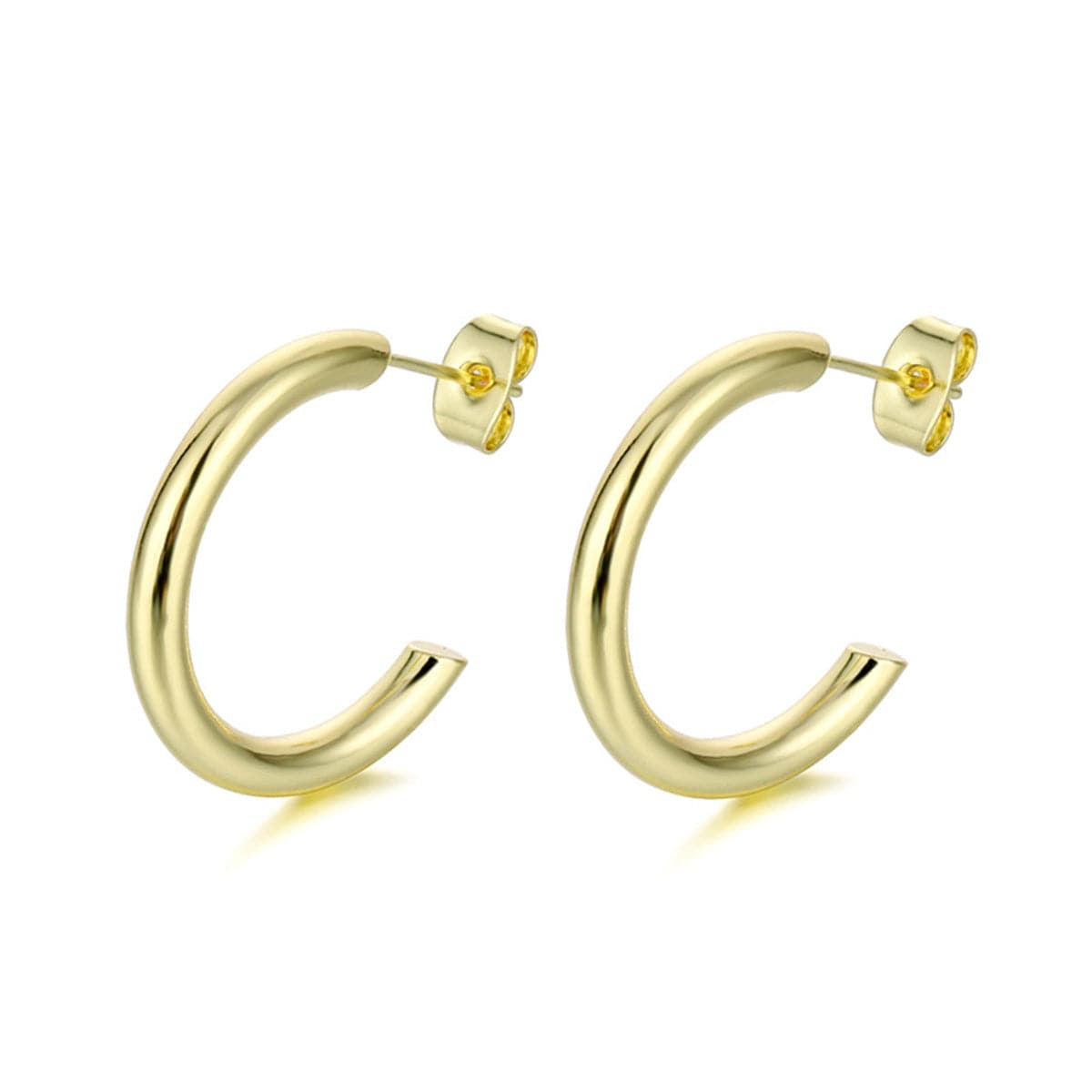 Trendy 18K gold-plated C-shape huggie earrings, designed with a sleek gold hoop for a modern and sophisticated touch.