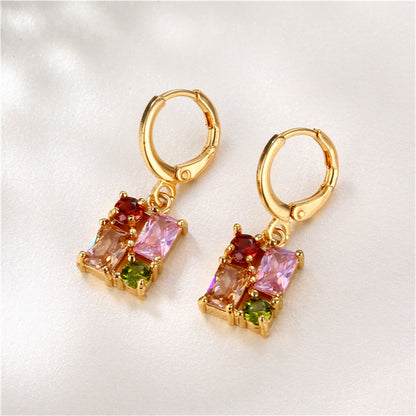 Pink Crystal and Cubic Zirconia Rectangle Huggie Earrings, huggie earrings, elegant gift for her, front view