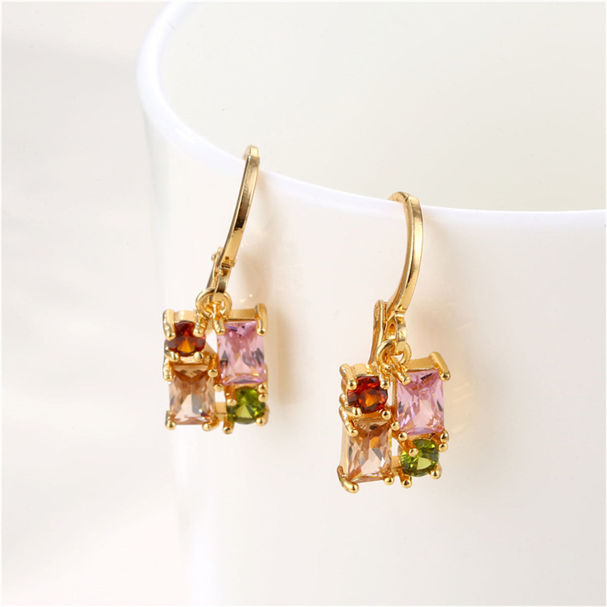 Pink Crystal and Cubic Zirconia Rectangle Huggie Earrings, huggie earrings, elegant gift for her, lifestyle look