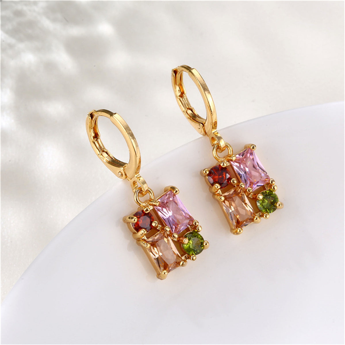 Pink Crystal and Cubic Zirconia Rectangle Huggie Earrings, huggie earrings, elegant gift for her, side view