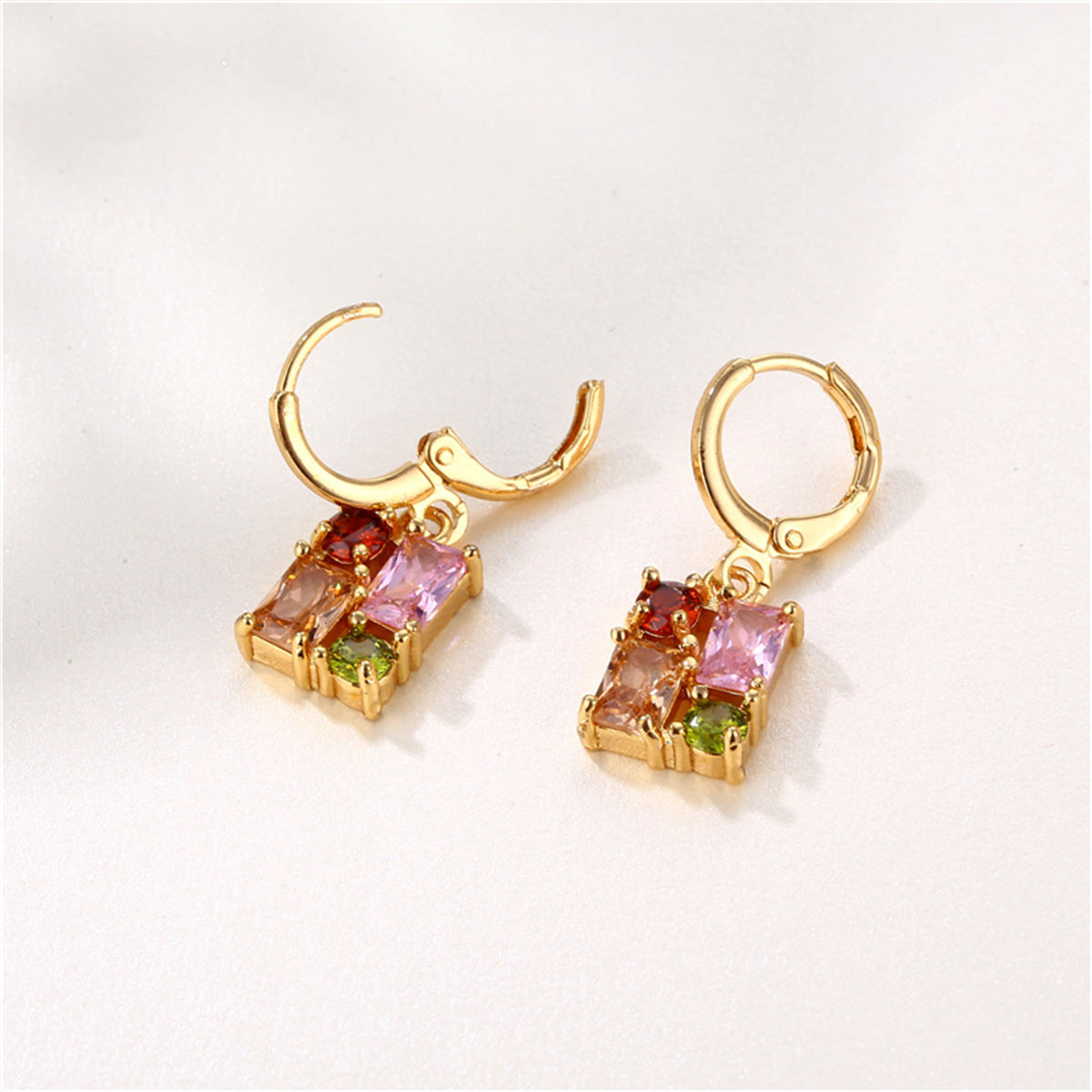 Pink Crystal and Cubic Zirconia Rectangle Huggie Earrings, huggie earrings, elegant gift for her, detail close-up