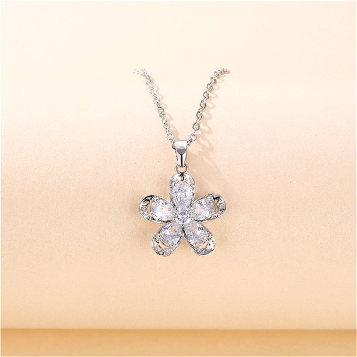 Crystal and Silver-Plated Floral Pendant Necklace, silver pendant necklace for women, vintage-inspired design, front view