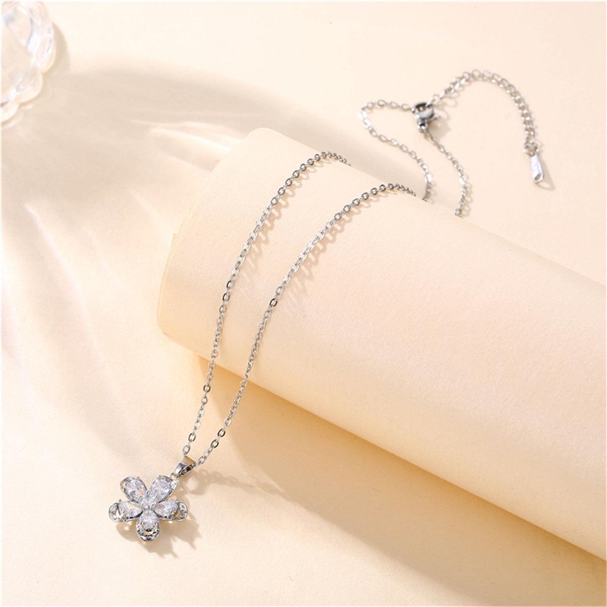 Crystal and Silver-Plated Floral Pendant Necklace, silver pendant necklace for women, vintage-inspired design, styled look