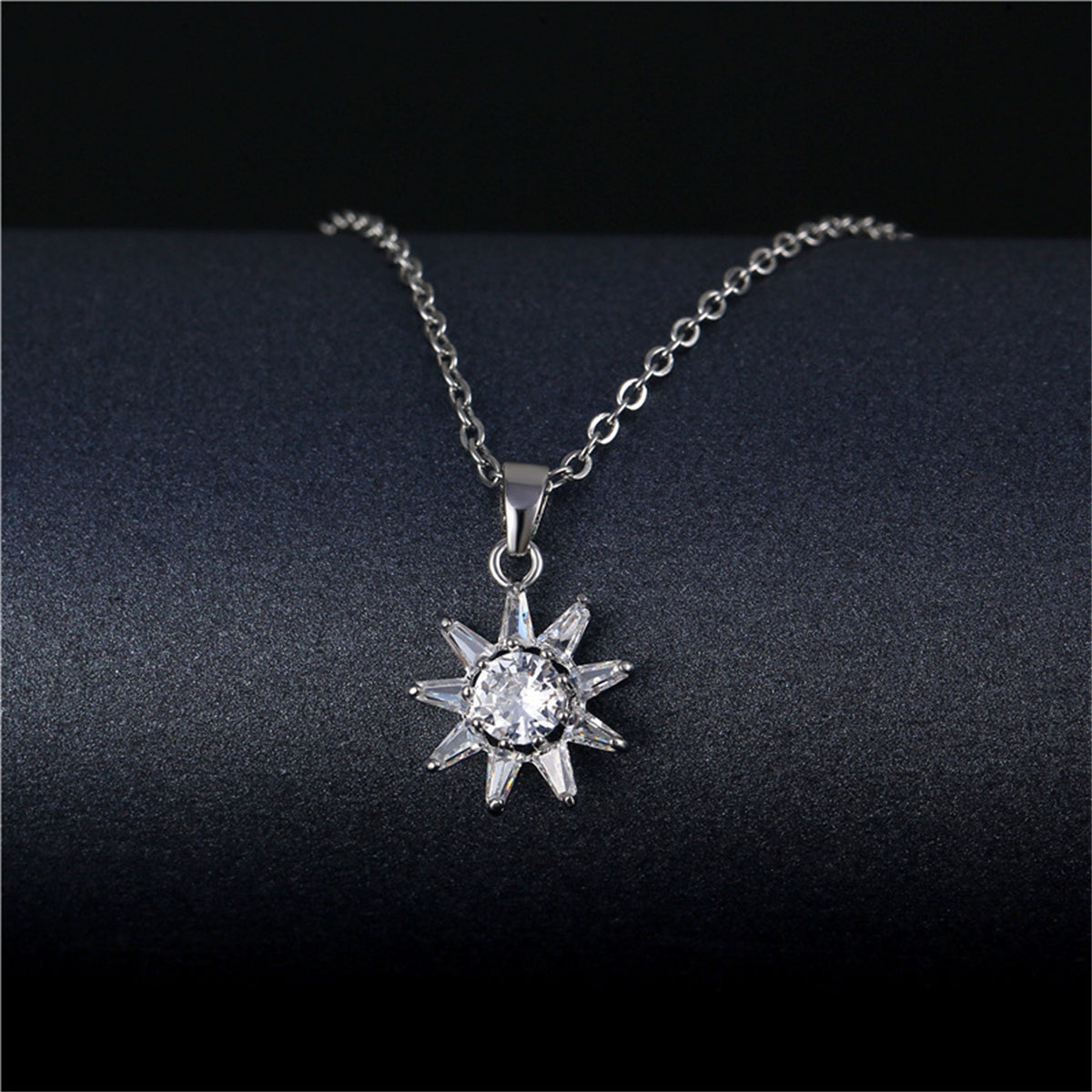 Crystal and Silver-Plated Sun Pendant Necklace, silver pendant necklace for women, vintage-inspired design, detail close-up
