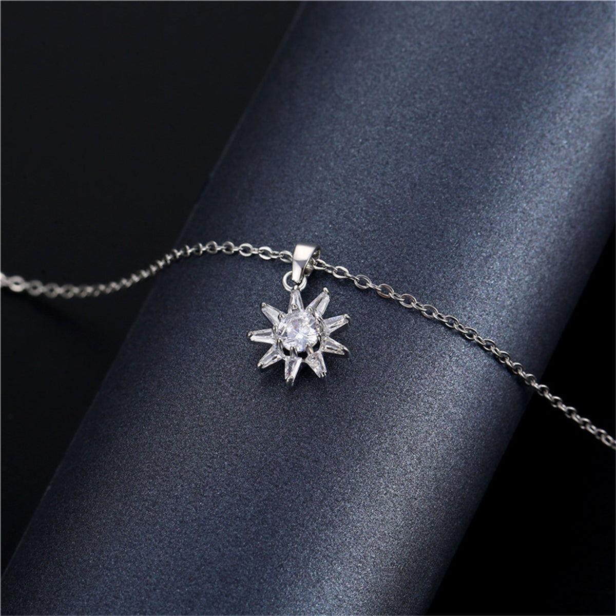Crystal and Silver-Plated Sun Pendant Necklace, silver pendant necklace for women, vintage-inspired design, side view