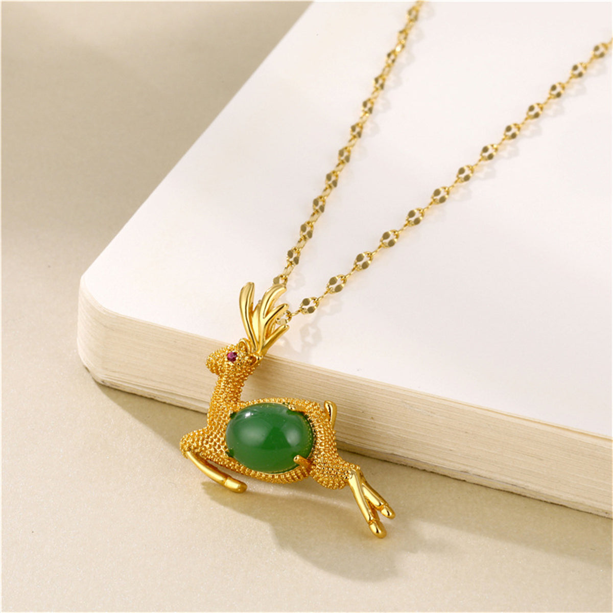Green Jade & Cubic Zirconia Reindeer Pendant Necklace