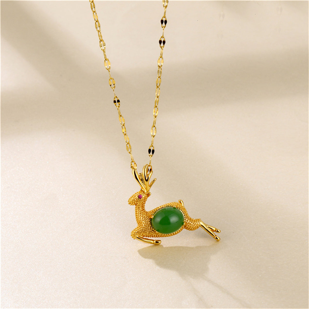 Green Jade & Cubic Zirconia Reindeer Pendant Necklace