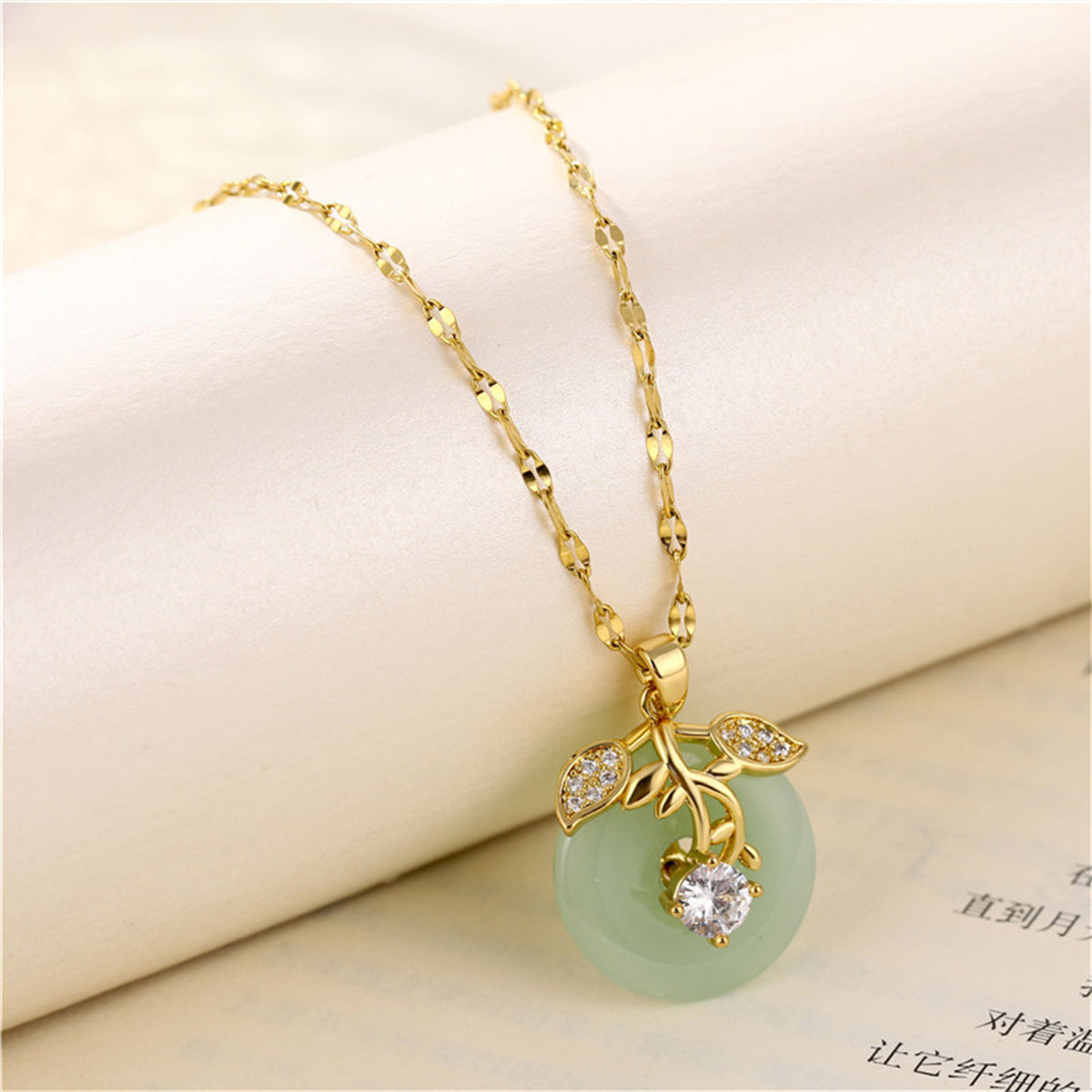 Jade & Cubic Zirconia 18K Gold-Plated Botanical Pendant Necklace