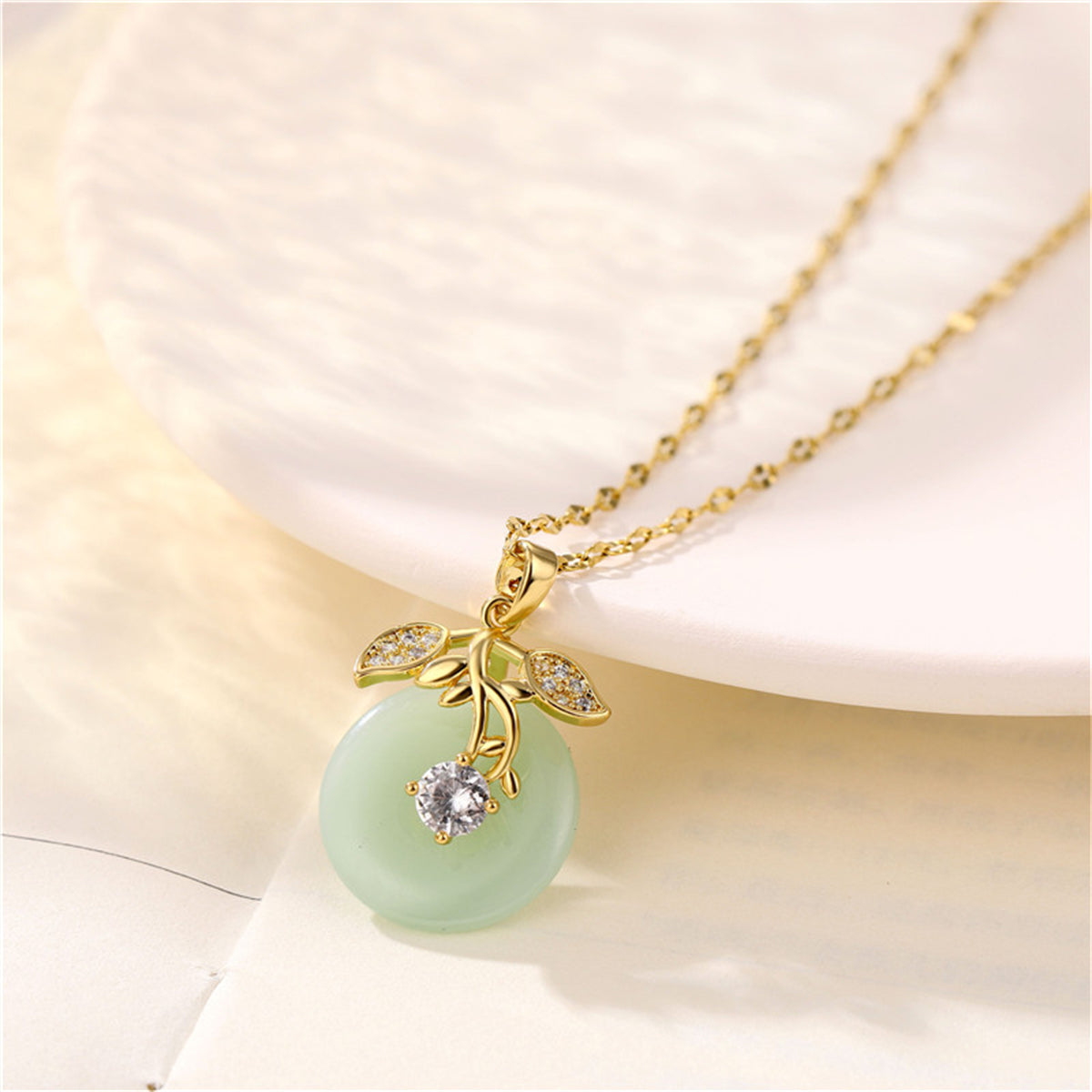 Jade & Cubic Zirconia 18K Gold-Plated Botanical Pendant Necklace